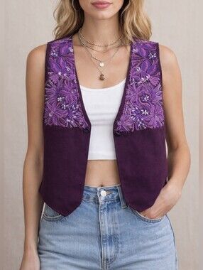 Vintage 90s Purple Embroidered Boho Vest – Handmade Floral Detail